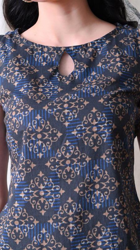 Blue Brown Square Casual A-line sleeveless with key hole neck detailing top for women