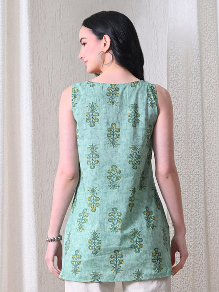 Mint Buta Casual A-line sleeveless with key hole neck detailing top for women