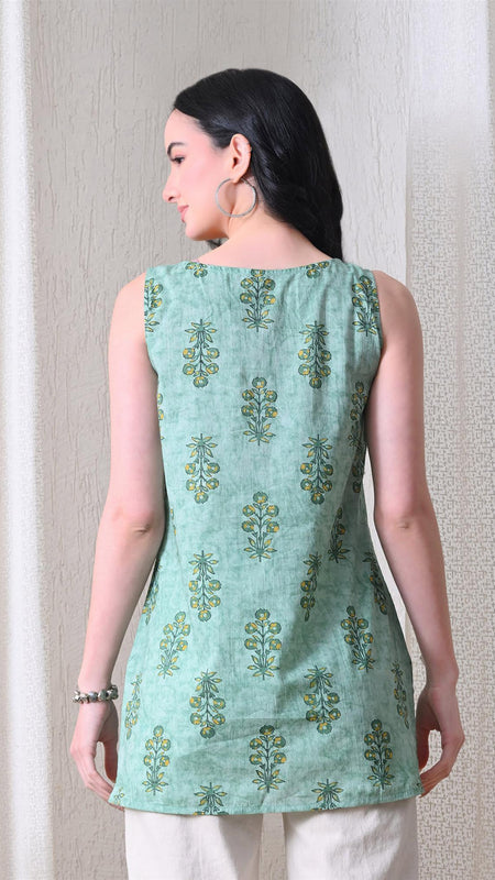 Mint Buta Casual A-line sleeveless with key hole neck detailing top for women