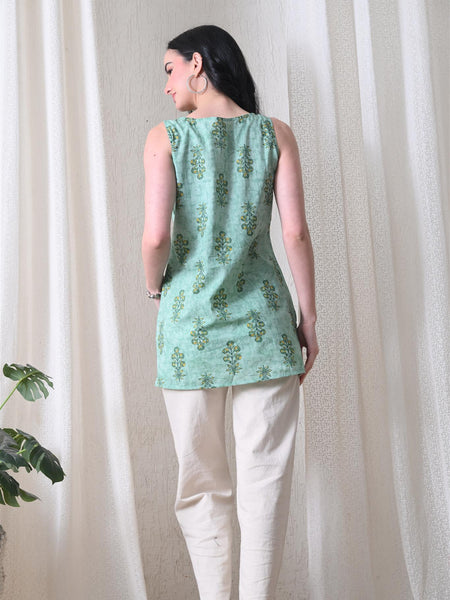 Mint Buta Casual A-line sleeveless with key hole neck detailing top for women