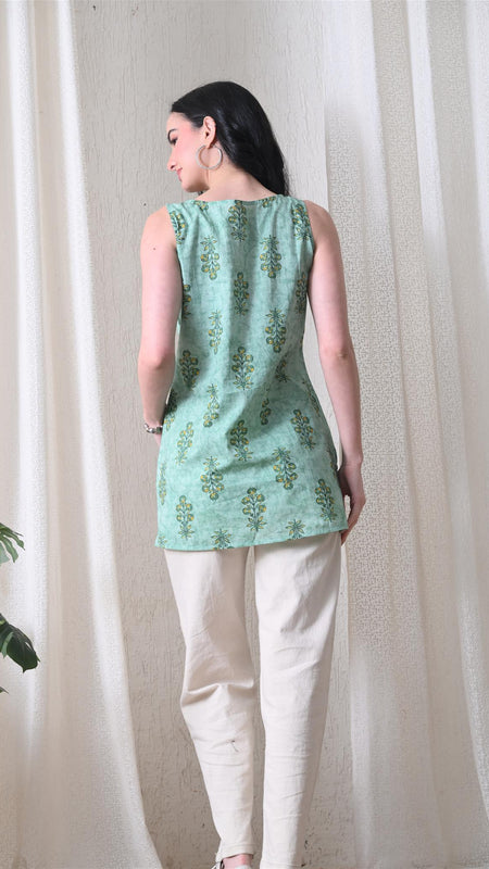 Mint Buta Casual A-line sleeveless with key hole neck detailing top for women