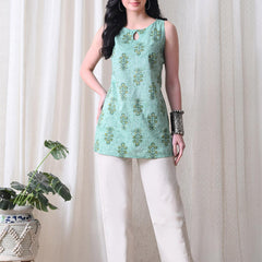 Mint Buta Casual A-line sleeveless with key hole neck detailing top for women