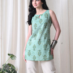 Mint Buta Casual A-line sleeveless with key hole neck detailing top for women