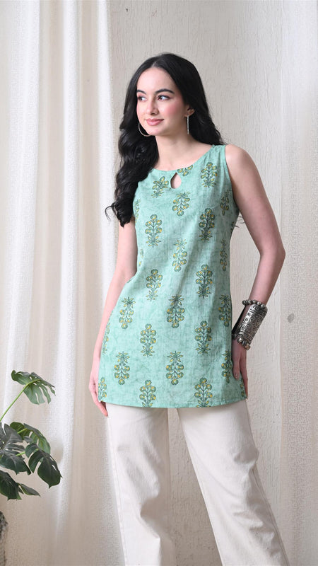 Mint Buta Casual A-line sleeveless with key hole neck detailing top for women