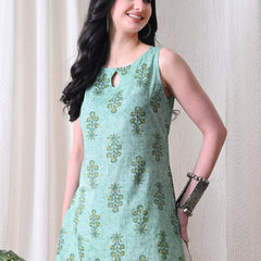 Mint Buta Casual A-line sleeveless with key hole neck detailing top for women