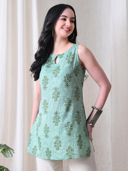 Mint Buta Casual A-line sleeveless with key hole neck detailing top for women