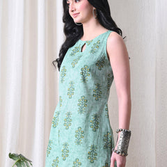 Mint Buta Casual A-line sleeveless with key hole neck detailing top for women