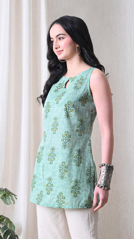 Mint Buta Casual A-line sleeveless with key hole neck detailing top for women