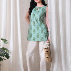 Mint Buta Casual A-line sleeveless with key hole neck detailing top for women