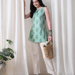 Mint Buta Casual A-line sleeveless with key hole neck detailing top for women