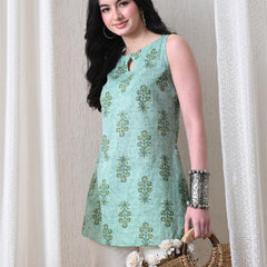 Mint Buta Casual A-line sleeveless with key hole neck detailing top for women