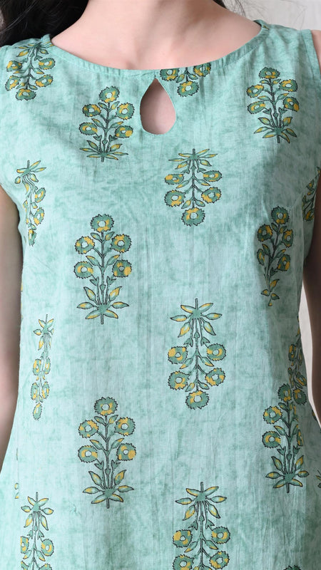 Mint Buta Casual A-line sleeveless with key hole neck detailing top for women