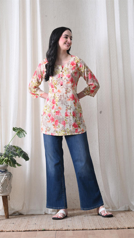 Pink Garden Pure Cotton Casual 3/4th Sleeves Top for women