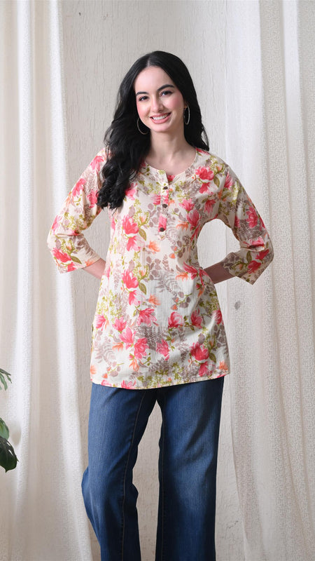 Pink Garden Pure Cotton Casual 3/4th Sleeves Top for women