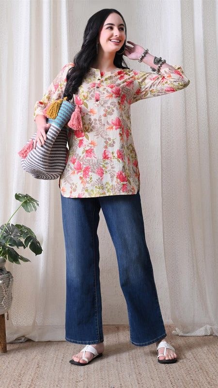 Pink Garden Pure Cotton Casual 3/4th Sleeves Top for women