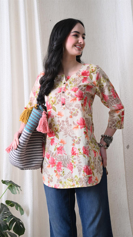 Pink Garden Pure Cotton Casual 3/4th Sleeves Top for women