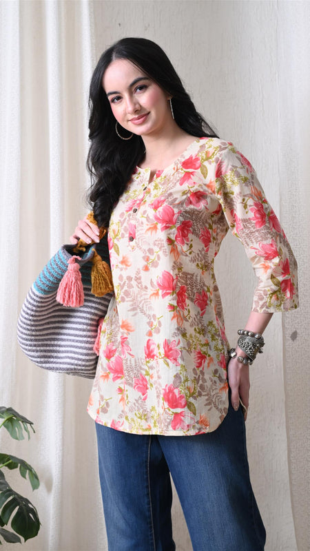 Pink Garden Pure Cotton Casual 3/4th Sleeves Top for women