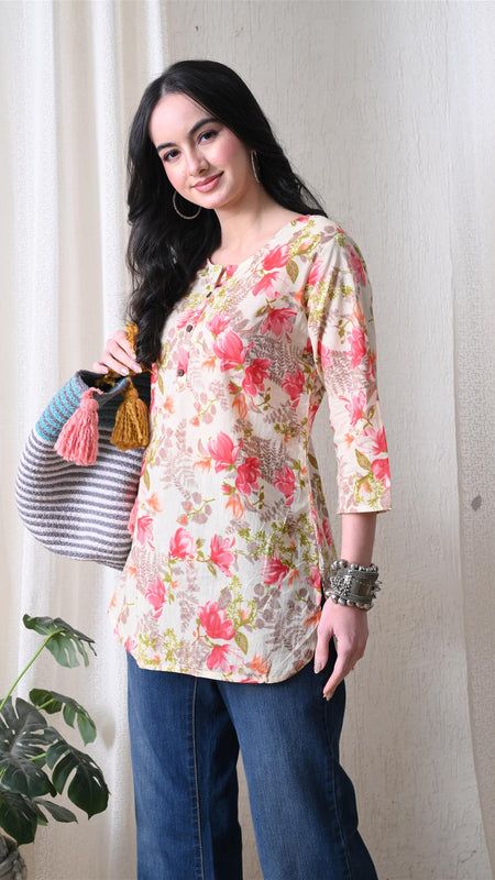 Pink Garden Pure Cotton Casual 3/4th Sleeves Top for women