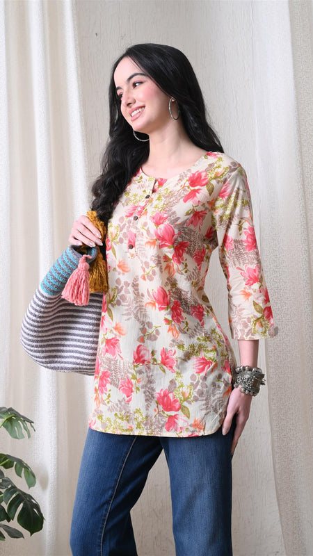 Pink Garden Pure Cotton Casual 3/4th Sleeves Top for women