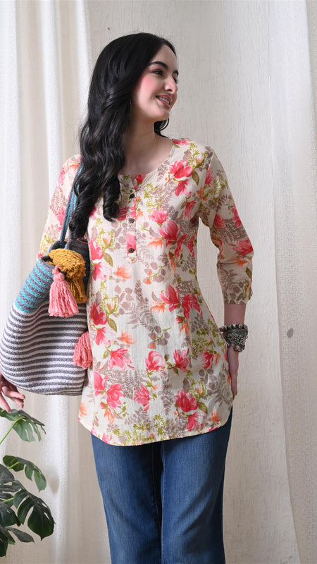 Pink Garden Pure Cotton Casual 3/4th Sleeves Top for women