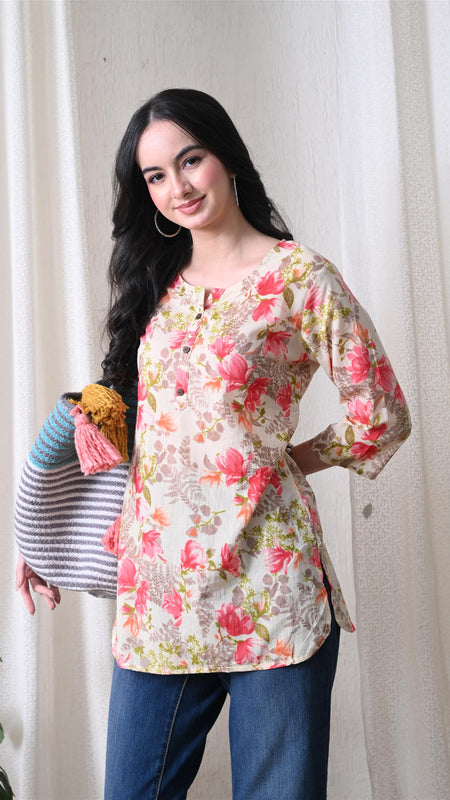 Pink Garden Pure Cotton Casual 3/4th Sleeves Top for women