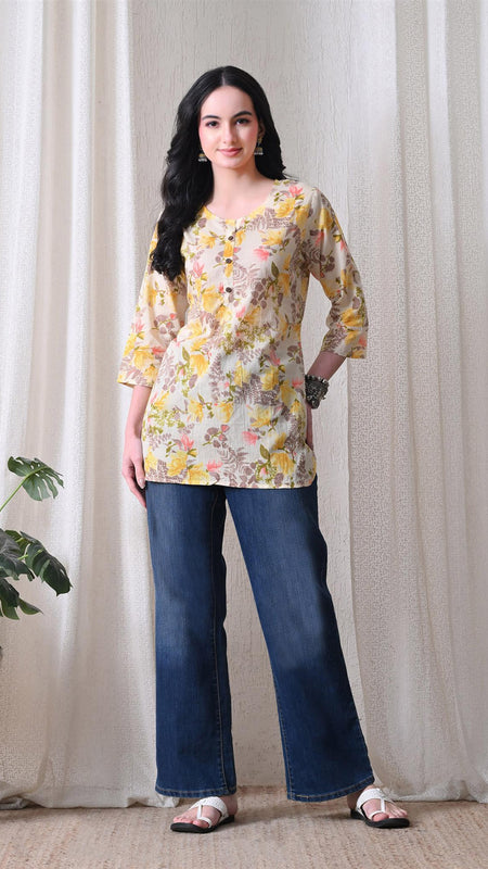 Yellow Garden Pure Cotton Casual 3/4th Sleeves Top for women