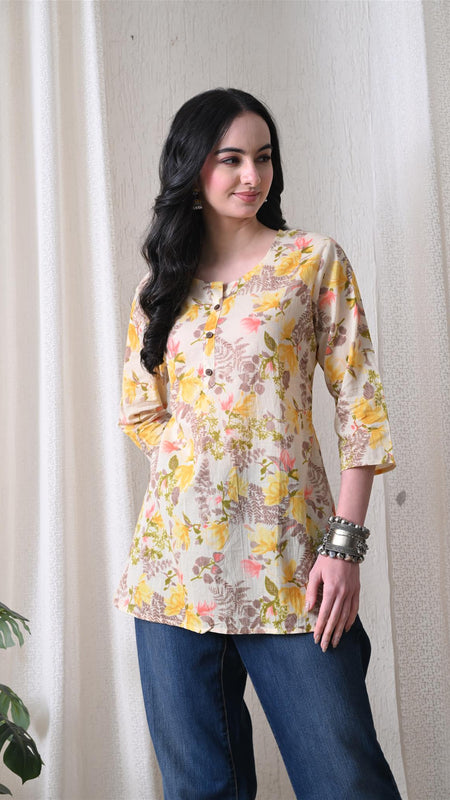 Yellow Garden Pure Cotton Casual 3/4th Sleeves Top for women