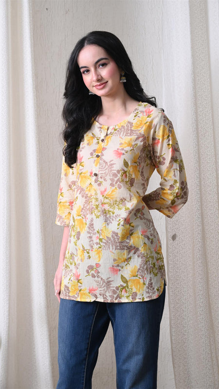 Yellow Garden Pure Cotton Casual 3/4th Sleeves Top for women