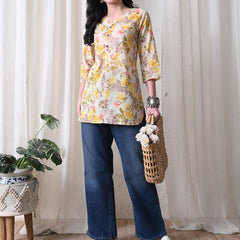 Yellow Garden Pure Cotton Casual 3/4th Sleeves Top for women