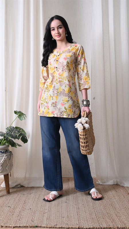 Yellow Garden Pure Cotton Casual 3/4th Sleeves Top for women