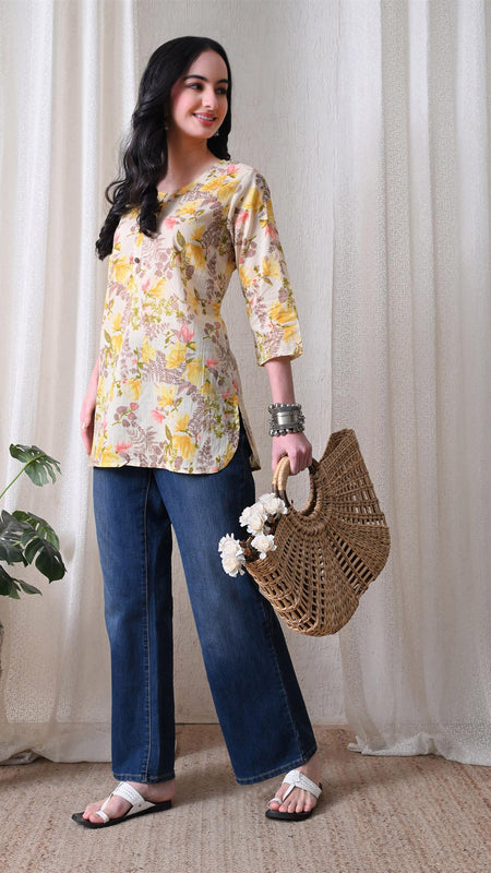 Yellow Garden Pure Cotton Casual 3/4th Sleeves Top for women