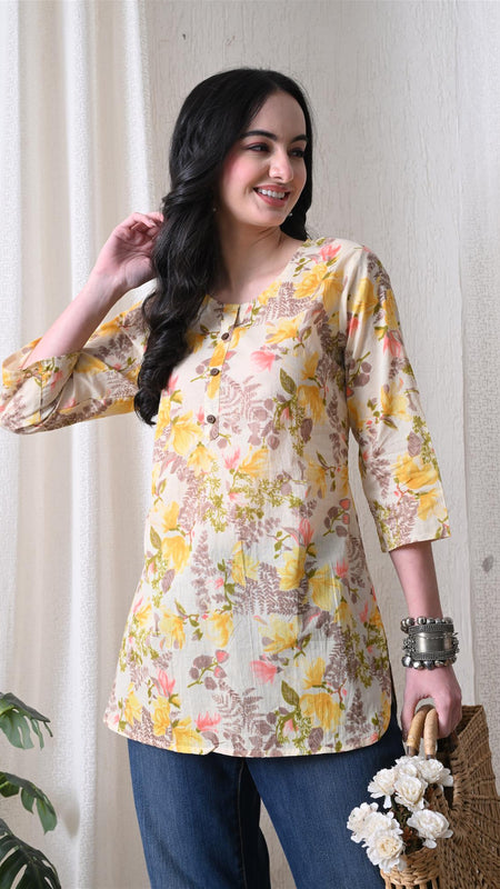 Yellow Garden Pure Cotton Casual 3/4th Sleeves Top for women
