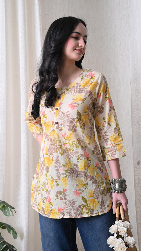 Yellow Garden Pure Cotton Casual 3/4th Sleeves Top for women