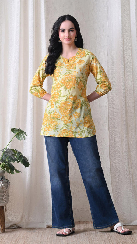 Yellow Merigold Pure Cotton Casual 3/4th Sleeves Top for women