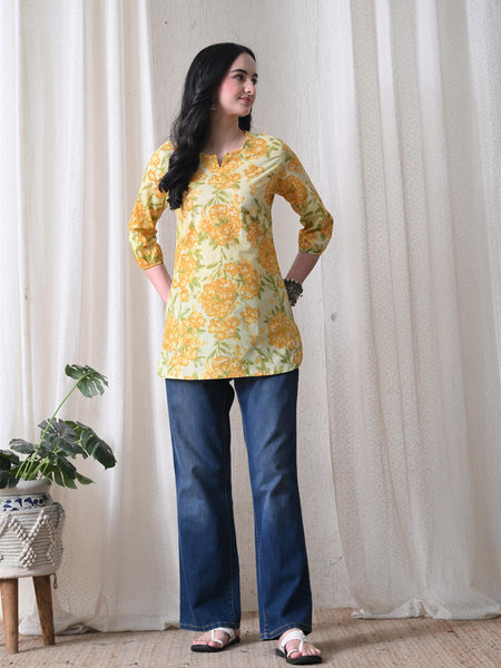 Yellow Merigold Pure Cotton Casual 3/4th Sleeves Top for women