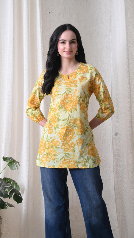 Yellow Merigold Pure Cotton Casual 3/4th Sleeves Top for women