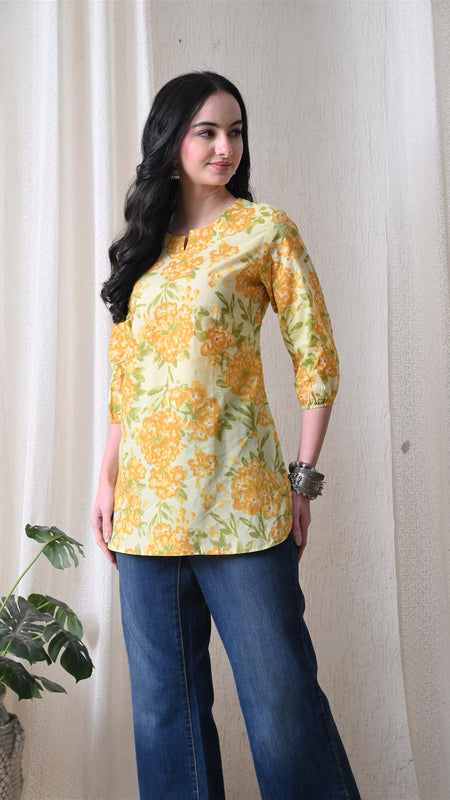 Yellow Merigold Pure Cotton Casual 3/4th Sleeves Top for women