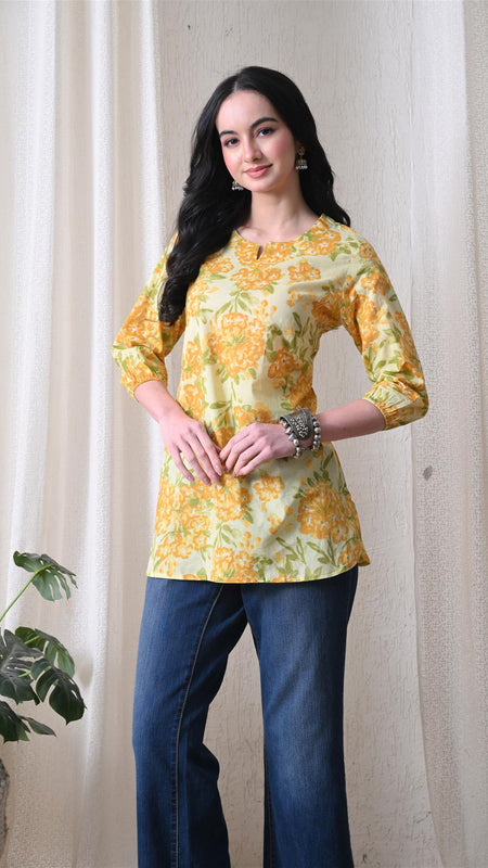 Yellow Merigold Pure Cotton Casual 3/4th Sleeves Top for women