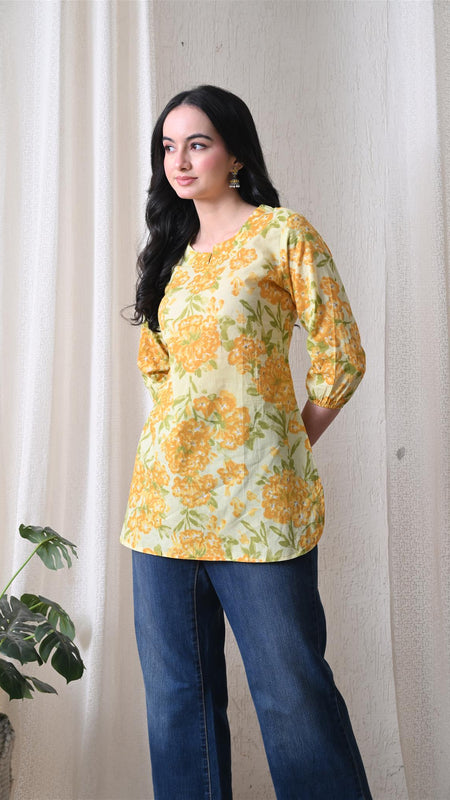 Yellow Merigold Pure Cotton Casual 3/4th Sleeves Top for women
