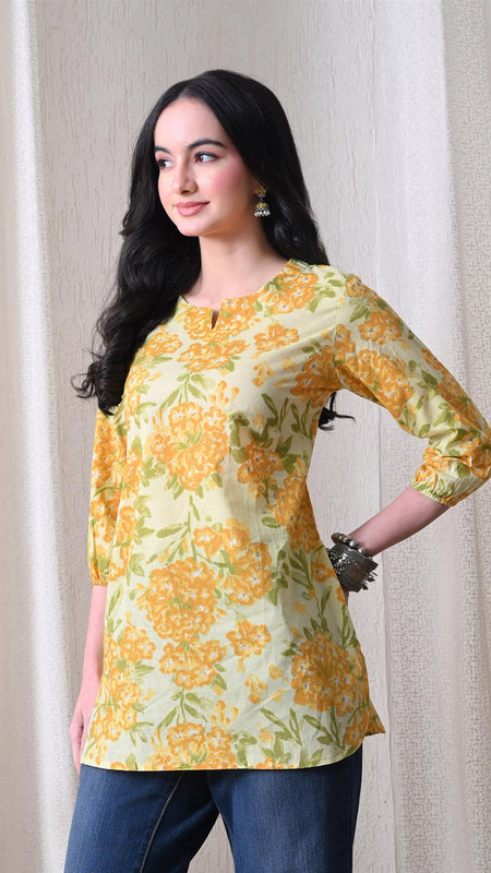 Yellow Merigold Pure Cotton Casual 3/4th Sleeves Top for women