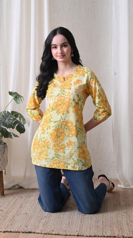 Yellow Merigold Pure Cotton Casual 3/4th Sleeves Top for women