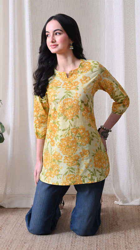 Yellow Merigold Pure Cotton Casual 3/4th Sleeves Top for women