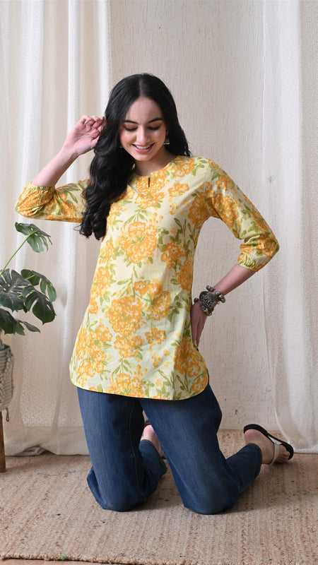 Yellow Merigold Pure Cotton Casual 3/4th Sleeves Top for women