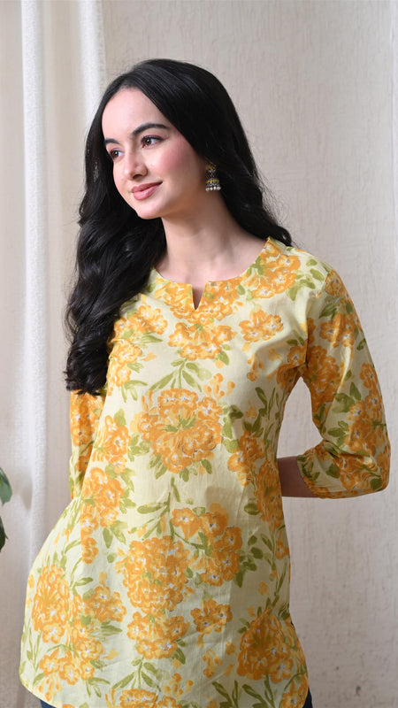 Yellow Merigold Pure Cotton Casual 3/4th Sleeves Top for women