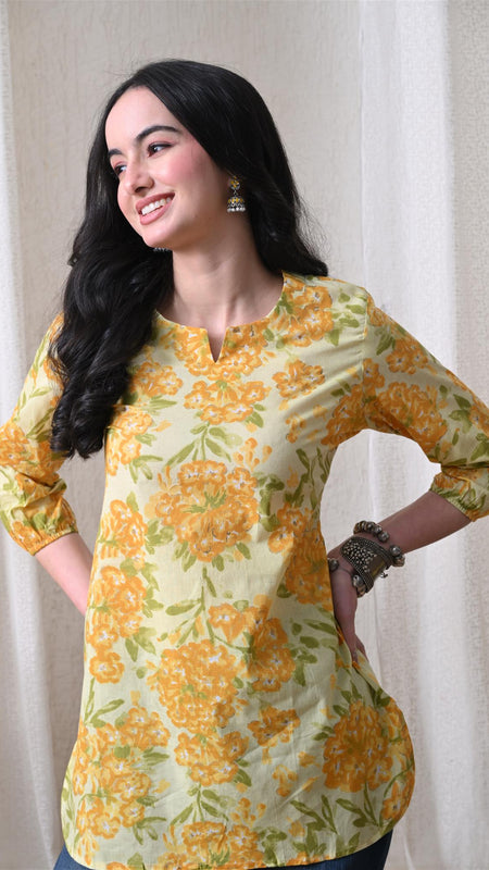 Yellow Merigold Pure Cotton Casual 3/4th Sleeves Top for women