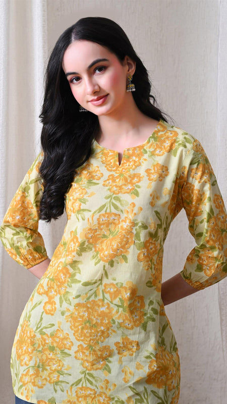 Yellow Merigold Pure Cotton Casual 3/4th Sleeves Top for women
