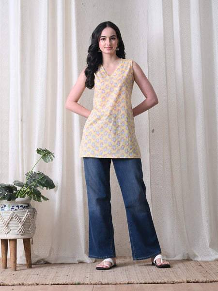 Butter Yellow Butti casual A-line v-neck sleeveless top for women