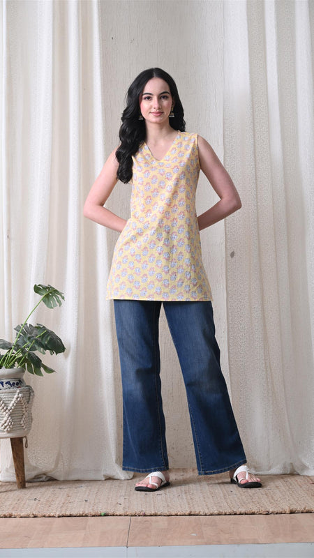 Butter Yellow Butti casual A-line v-neck sleeveless top for women