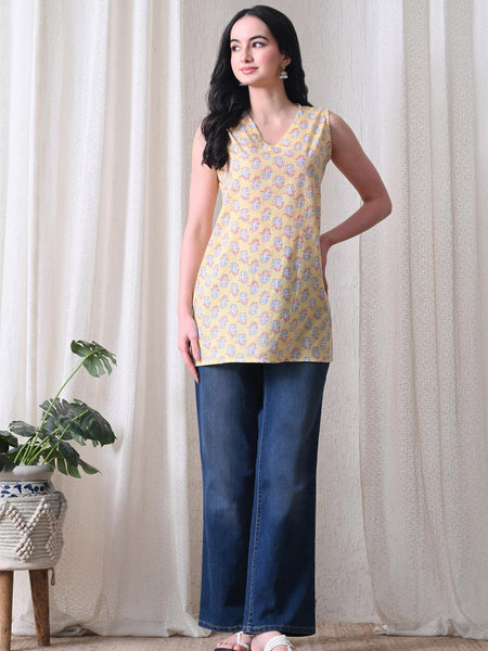 Butter Yellow Butti casual A-line v-neck sleeveless top for women