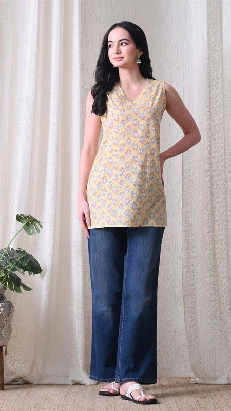 Butter Yellow Butti casual A-line v-neck sleeveless top for women